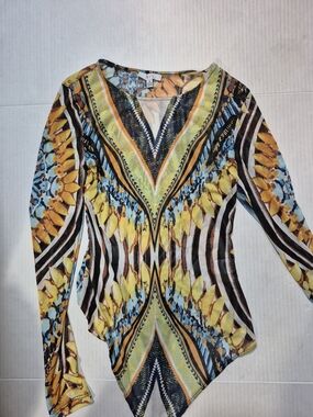 Women’s Printed Long-Sleeve V-Neck Bodysuit - Yellow Blue